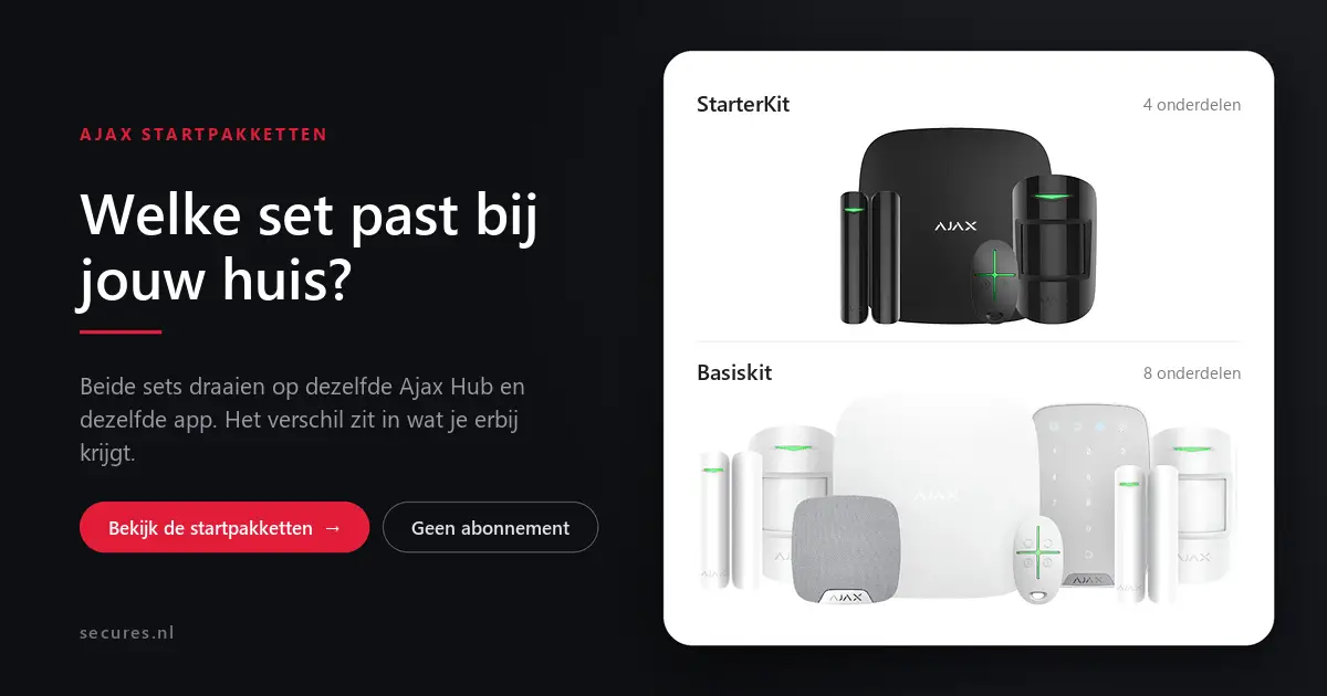Ajax startpakketten vergeleken: StarterKit met vier onderdelen in zwart en Basiskit met acht onderdelen in wit, beide op dezelfde Ajax Hub
