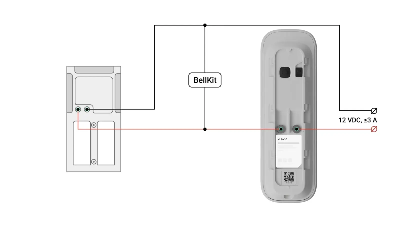 Aansluitschema Ajax DoorBell op Byron DBW-24031 gong gevoed met 12 V DC, BellKit over de gongklemmen