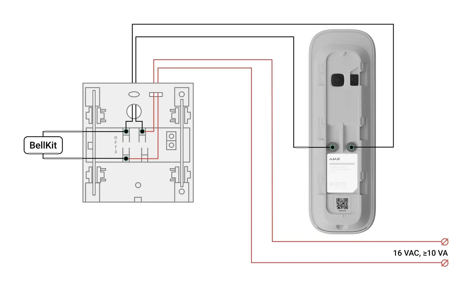 Aansluitschema Ajax DoorBell op Honeywell Gala D103 gong met 16 V AC-beltrafo van minimaal 10 VA en BellKit over de belklemmen