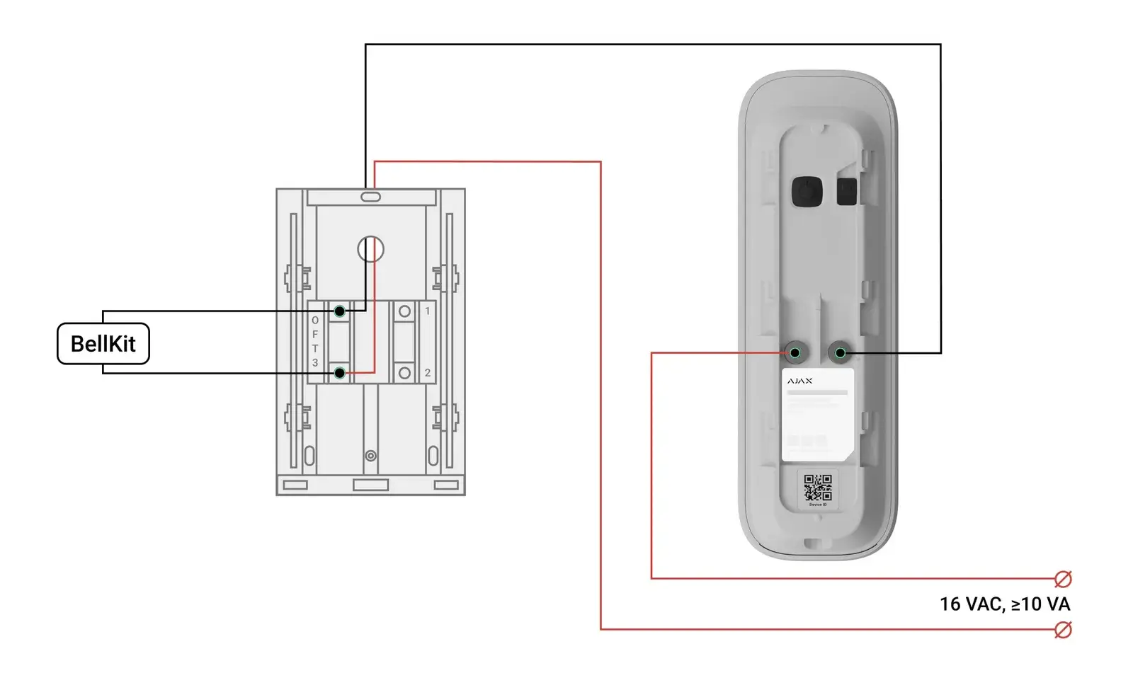 Aansluitschema 1 Ajax DoorBell op Honeywell Home D117 gong: trafo van 16 V AC rechtstreeks op DoorBell en gong, BellKit over de belklemmen