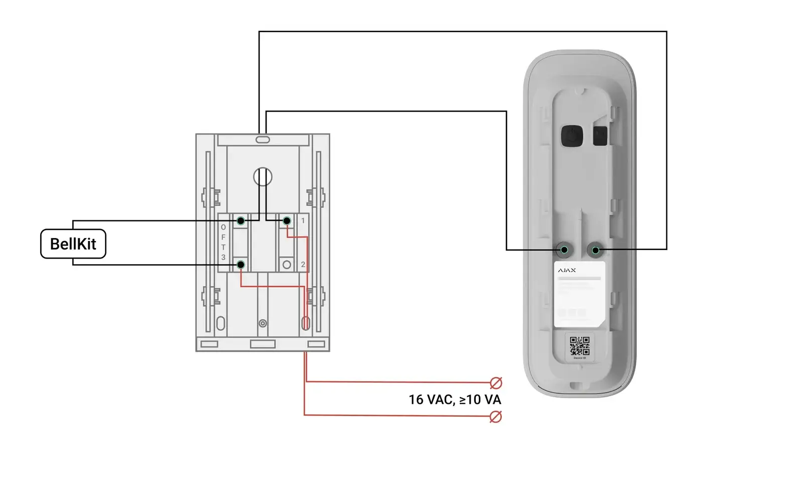Aansluitschema 2 Ajax DoorBell op Honeywell Home D117 gong: trafo van 16 V AC op het klemmenblok van de gong, DoorBell vanaf de gong doorverbonden