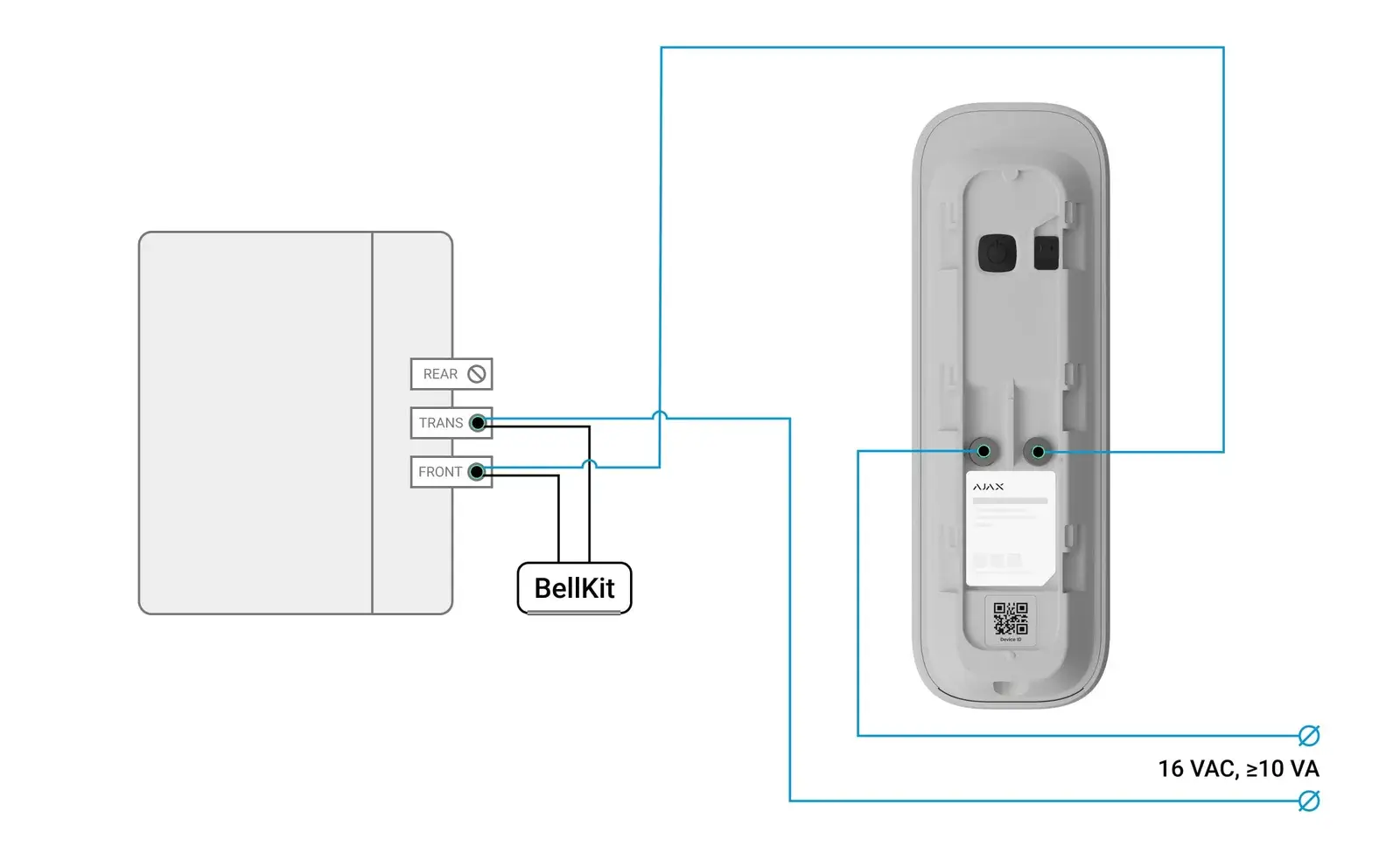 Aansluitschema een Ajax DoorBell op NuTone LA11WH gong: DoorBell op FRONT en TRANS met BellKit, 16 V AC-voeding